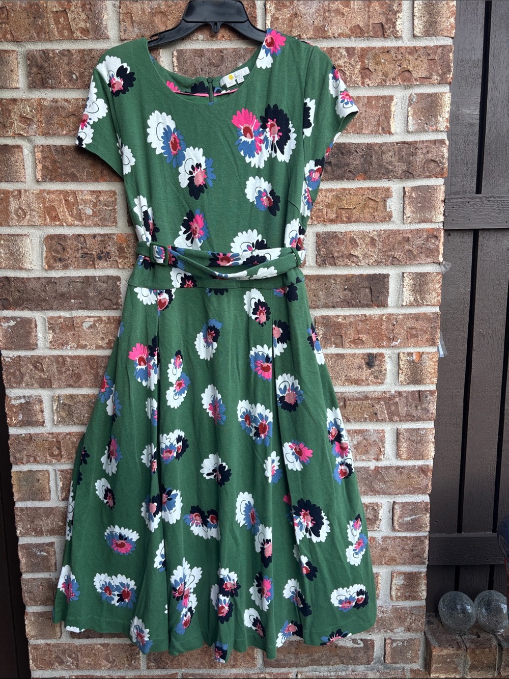Biden Aida Ponte Green Floral Belted Fit-and-Flare Dress